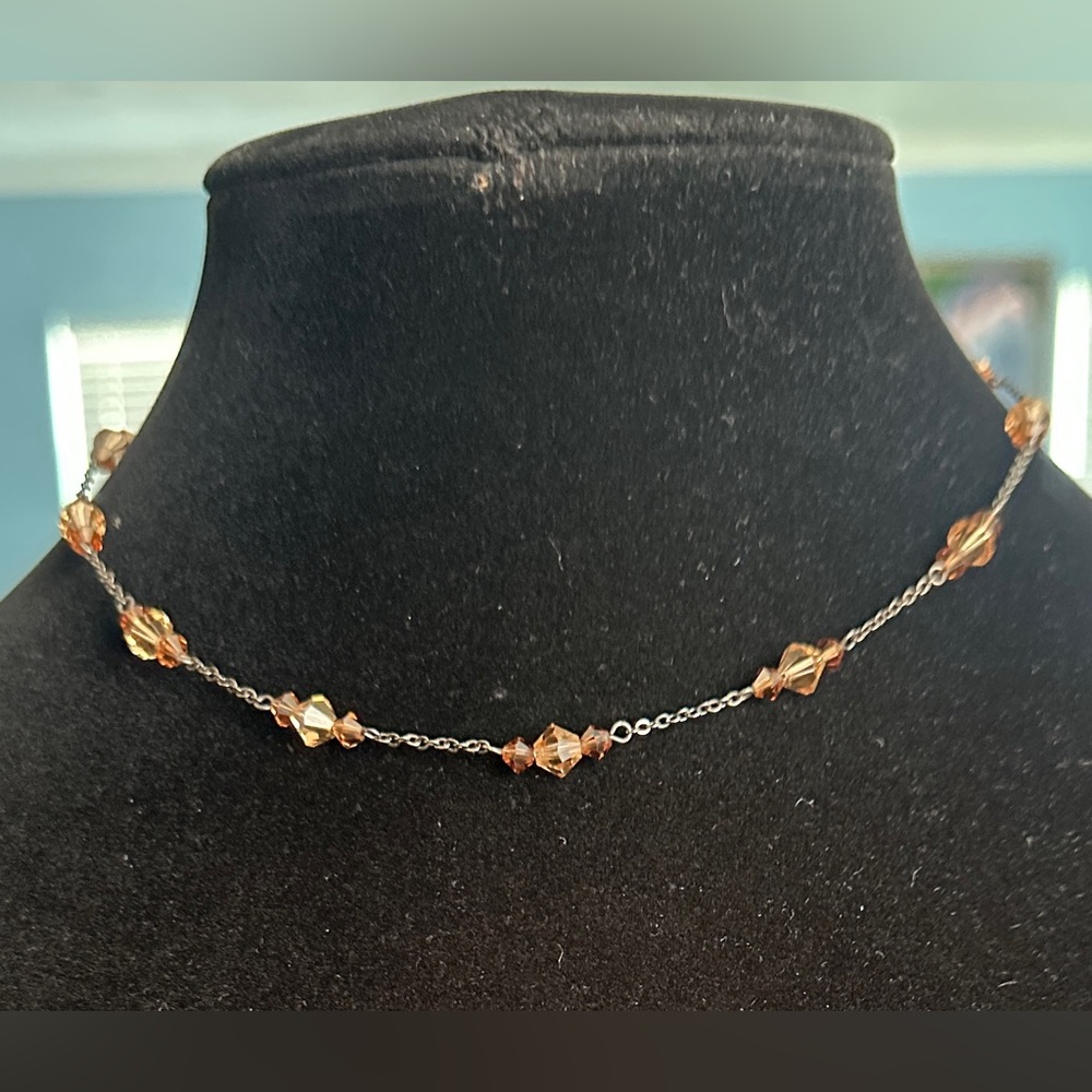 Elegant Beaded Earthy Tones Brownish and Orange in Black Metal Necklace